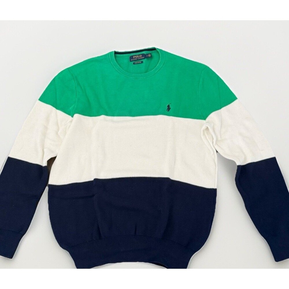 Polo Ralph Lauren Crewneck Pullover Sweater Men’s  Sz M Rugby stripes Green NWOT